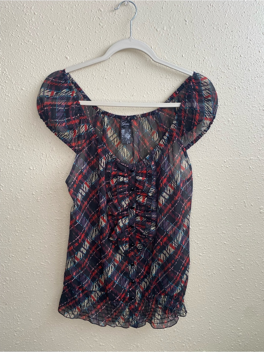 Y2K Guess Plaid Ruffle-Front Sheer Plaid Blouse